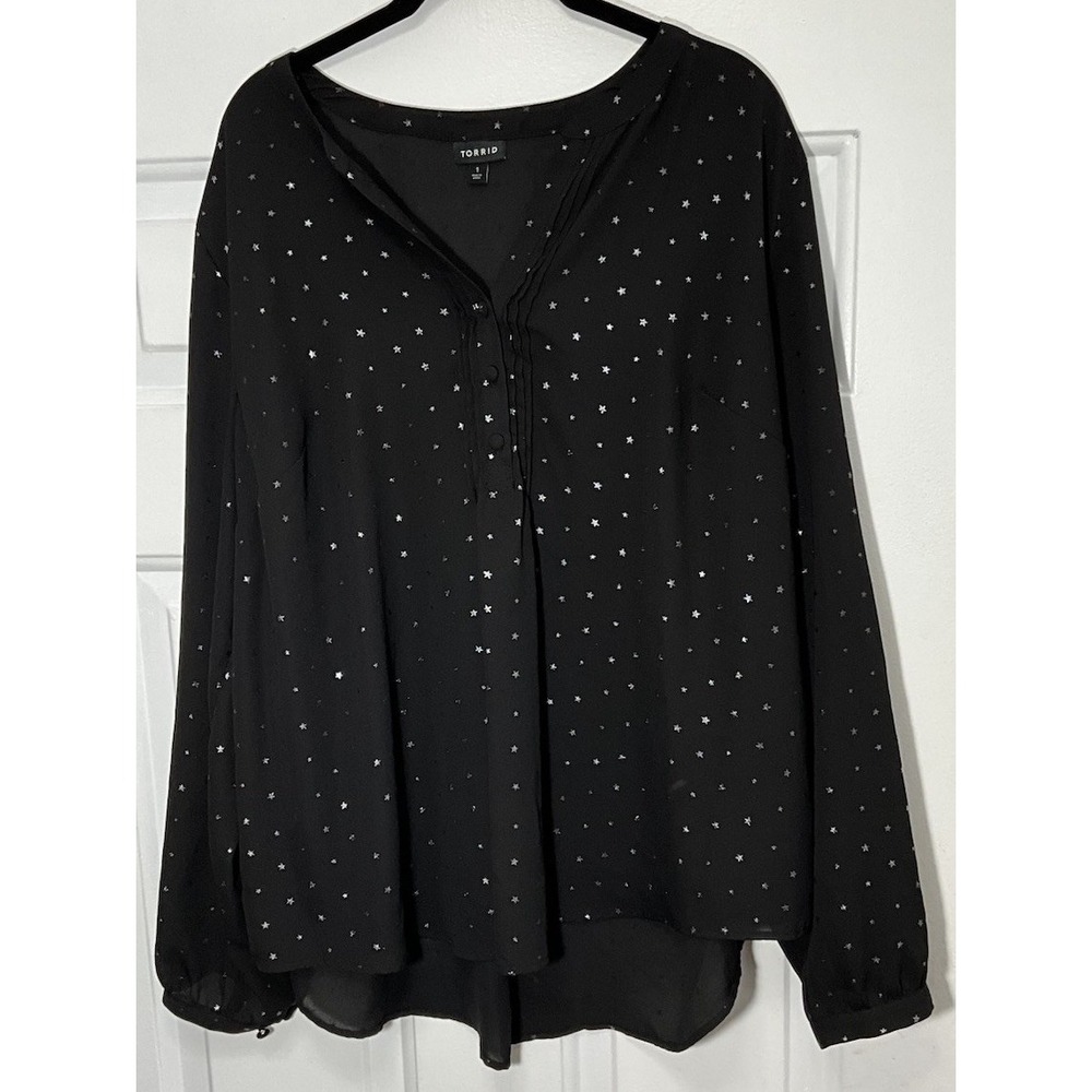 Torrid Black/White Star Print Long Sleeve V-Neck Blouse Plus Size Women 1 (14-16